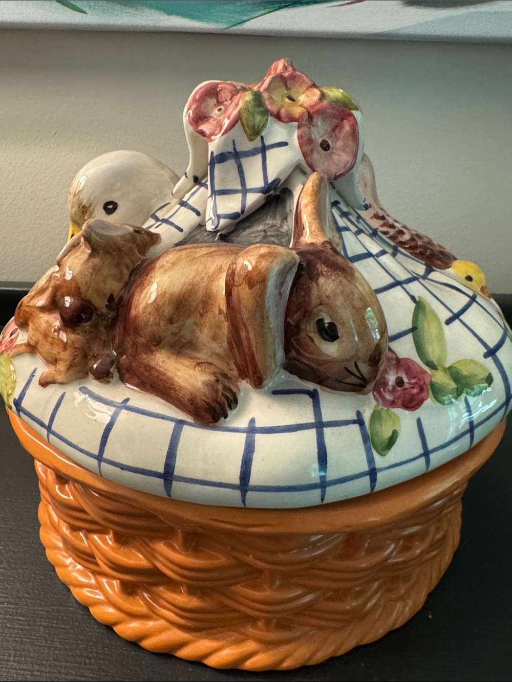 Italian Ceramic Easter basket with lid, hand painted